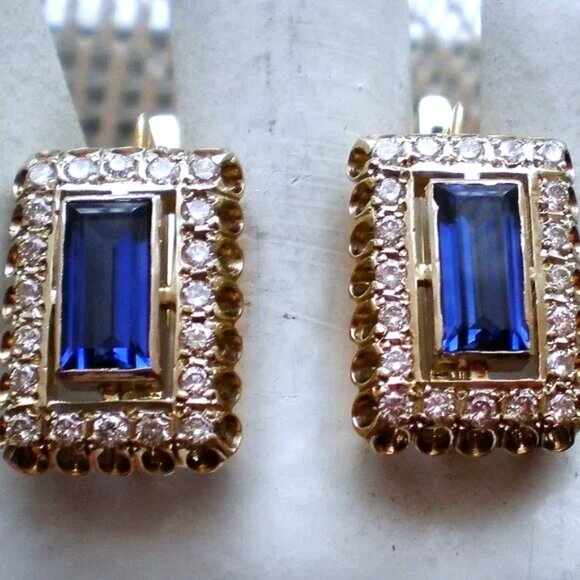 Russian USSR 18K 750 Yellow White Gold Diamond Sapphire Cluster Dangle Earrings - Picture 9 of 9